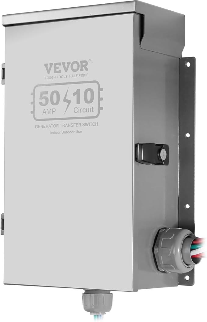 VEVOR Manual Transfer 50-Amp 10-Circuit Prewired Generator Transfer Kit with CS6375 Plug Power Inlet Box Double-Throw NEMA 3R Mechanical Watt Meter for 12500W Generators