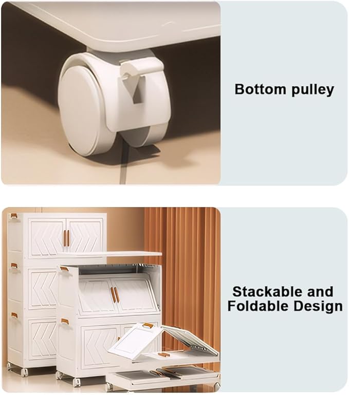 4-Tier Stackable Storage Bins with Lids 94QT Plastic Large Collapsible Storage Containers with Wheels and Magnetic Doors Foldable Closet Organizers for Bedroom Dorm Garage Home Office White