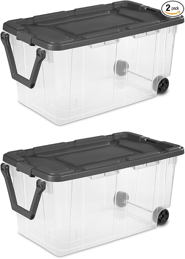 K&ampJ CHIPMUNK Storage Bin 40 Gallon 160 Quart Plastic Rolling Stacker Box Wheeled Storage Box Lidded Stackable Storage Bin Container for Home Garage and Camping Clear Base &amp Gray Lid 2-pack