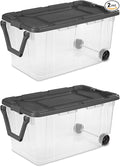 K&ampJ CHIPMUNK Storage Bin 40 Gallon 160 Quart Plastic Rolling Stacker Box Wheeled Storage Box Lidded Stackable Storage Bin Container for Home Garage and Camping Clear Base &amp Gray Lid 2-pack