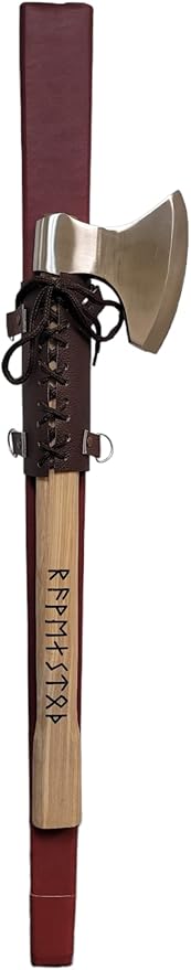 Viking Knights Norse Rune Axe and Faux Leather Wood Scabbard Shoulder Strap Hook Loops