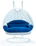 LeisureMod 2 Person Hanging Egg Chair Indoor Outdoor Patio Lounge Swing with White Stand &amp UV-Resistant Cushions Hammock Chair for Bedroom &amp Garden Blue
