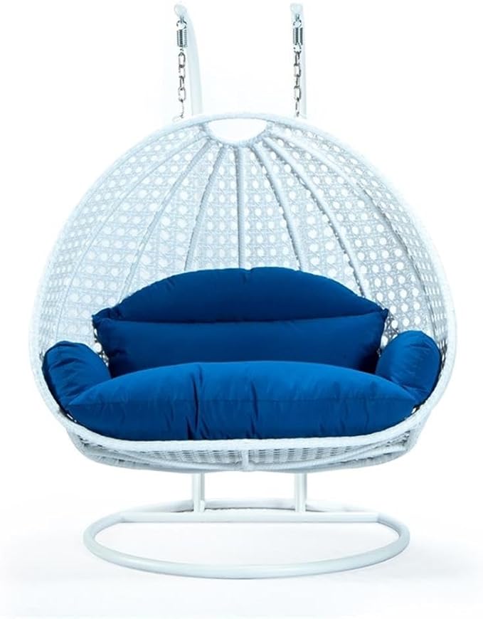 LeisureMod 2 Person Hanging Egg Chair Indoor Outdoor Patio Lounge Swing with White Stand &amp UV-Resistant Cushions Hammock Chair for Bedroom &amp Garden Blue