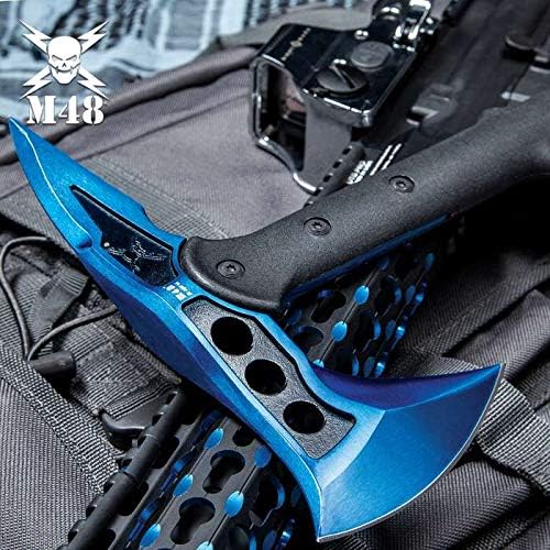 M48 Blue Tactical Tomahawk Axe and Snap On M48 Sheath - Hawk Axe Blue Stainless Steel Blade Piercing Spike Grippy Reinforced Fiberglass Handle Made for Door Breaching and Chopping - Length 15”