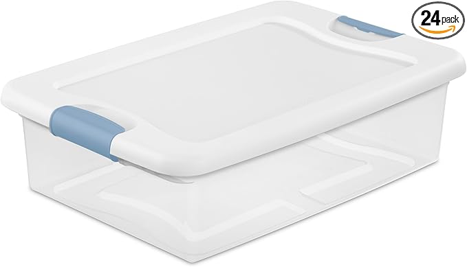 Sterilite 24-Pack Latching Box Under Bed Storage Bins with Lids Clear Plastic 32 Quart - Heavy-Duty Organizing Containers for Closet Bathroom and Office