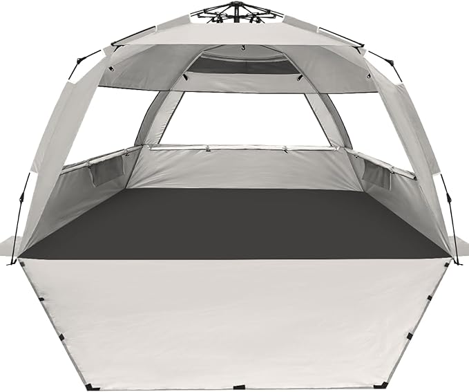 WhiteFang Deluxe Pop Up Beach Tent Sun Shade Shelter for 3-4/5-6 Person UV Protection Extendable Floor with 3 Ventilating Windows Plus Carrying Bag Stakes and Guy Lines
