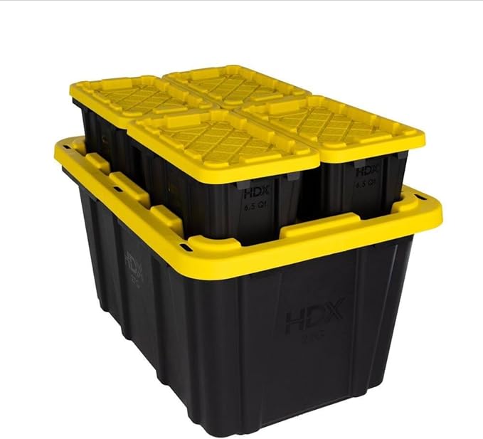 6.5 Quart (1.6 Gallon) Small Tough Storage Tote with Yellow Snap Lid Black Stackable &amp Nestable Heavy-Duty Plastic Organizing Bins 4-Pack