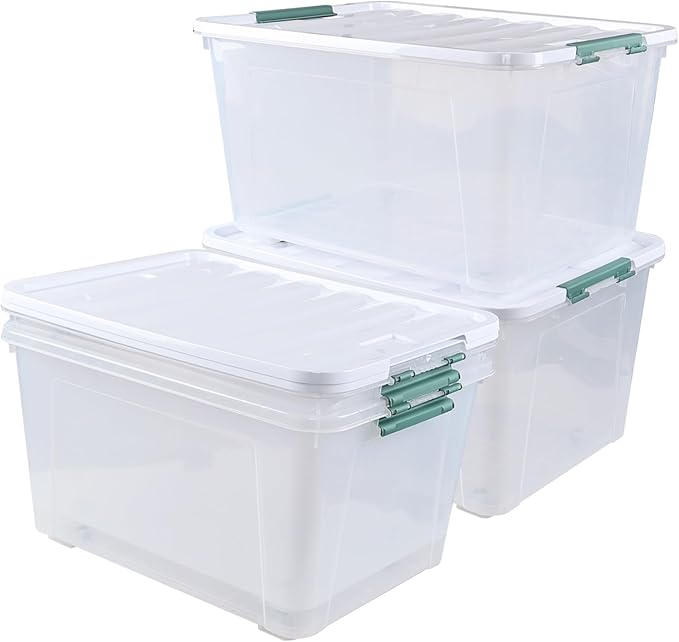 85 Quart Plastic Storage Bins with Wheels Large Clear Latching Storage Box 4 Pack