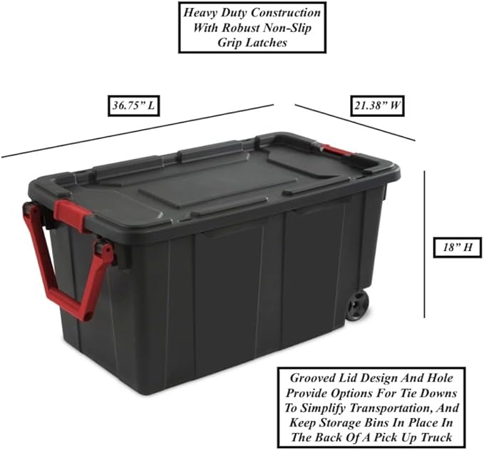 Black 40 Gallon Lidded Storage Bins Plastic Storage Tote With Ergonomic Handle And 2 Wheels Heavy Duty Design Perfect For Storing Camping Equipment Sports Gear Tools Workshop Supplies