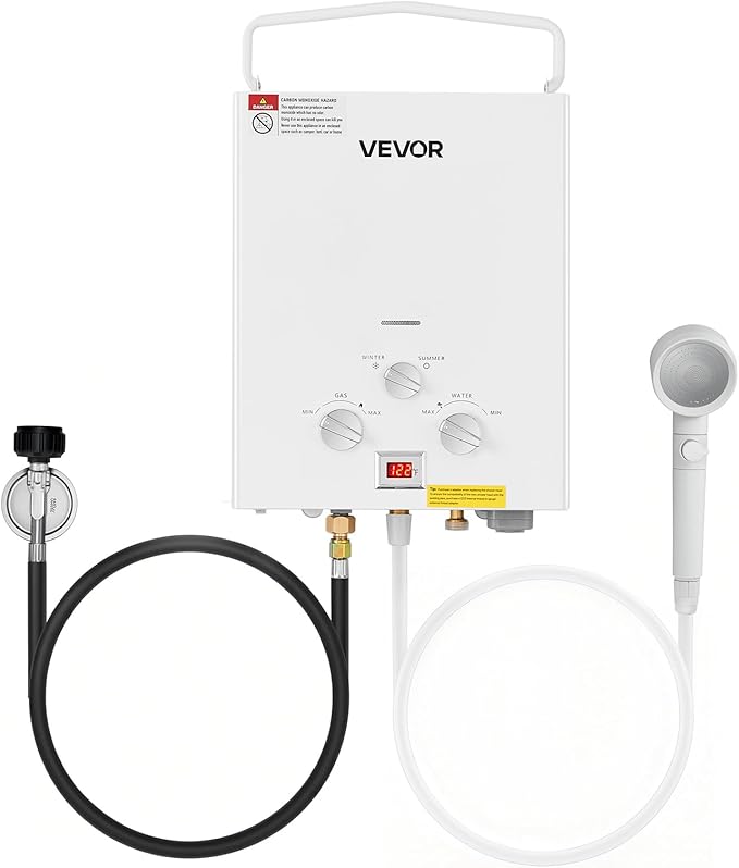VEVOR Portable Propane Water Heater 5L Tankless Outdoor Water Heater 34000 BTU 1.32 GPM Instant Hot Water with Accessory Set + Regulator +Water Pump for RV Camping Trips Cabins Barns
