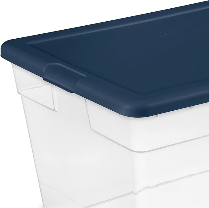 Sterilite Storage Box Clear Plastic Stackable Bin Tote with Lid 56 Quart Marine Blue
