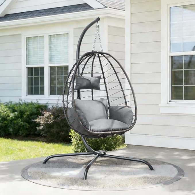 ALAULM Foldable Egg Chair with Stand 485LBS Capacity Wicker Rattan Hammock Swing Chair for Outdoor &amp Indoor Hanging Chair with Strong Frame &amp UV Resistant Cushion for Balcony Bedroom Light