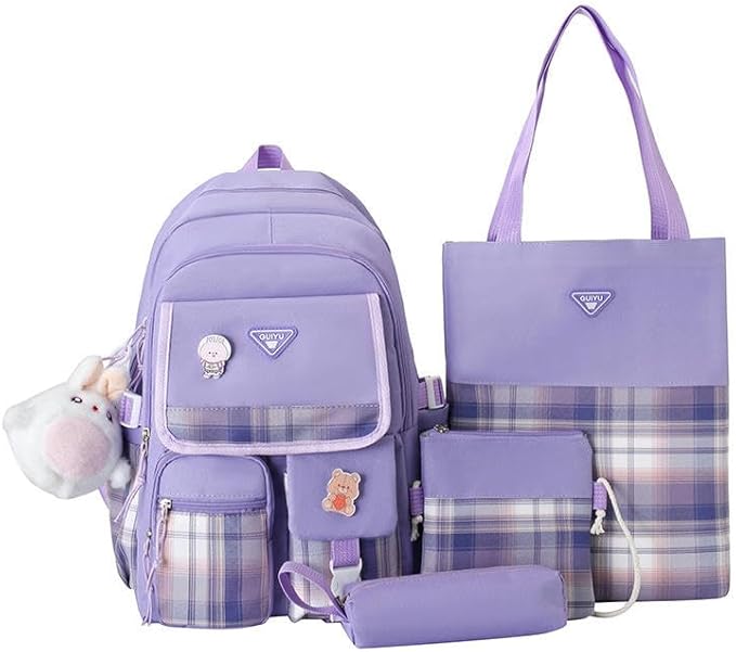 Rucksack Shoulder Bag Small Fresh Plaid Large Capacity Backpack Four Pieces Backpack Fashion Shoulder Bag Handbag