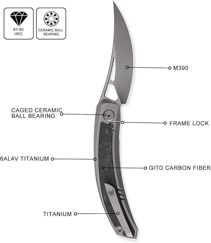 Cavolknife Kamasu Front Flipper Folding Knife3.74 M390 Steel Blade Persian KnifeTitanium &amp GITD Carbon Fiber Handle Pocket Knife Glowing in the darkTitanium Pocketclip(Grey)