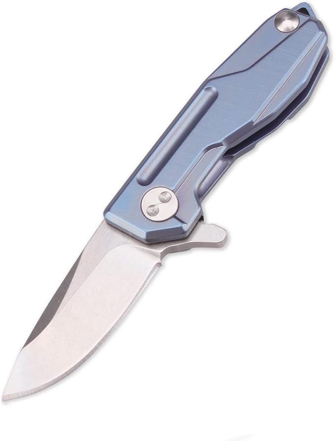 Samior HY002 Ultra Small Little Folding Pocket Flipper Knife 1.3” D2 Damascus Blade Blue Titanium Handle with Frame Lock Mini EDC Keychain Necklace Knives (Blue)