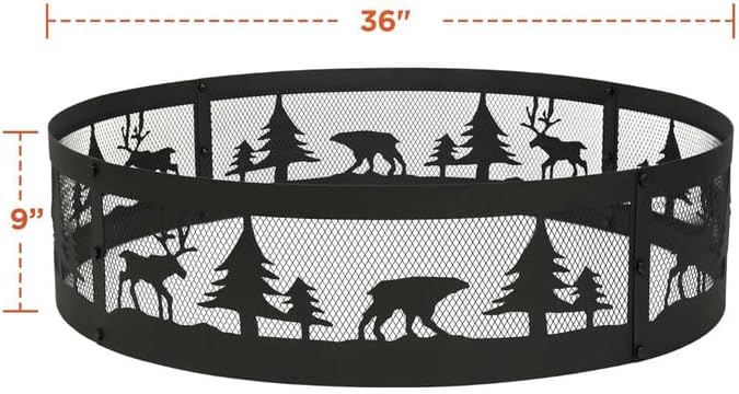 Red Mountain Valley 36 Inch Fire Pit Ring with 360° Forest &amp Wildlife Design Portable Steel Wood Burning Firepit Ring for Outdoor Camping Bonfires BeachPatio fire Pit kit Black