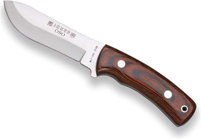Joker Mountain knife Oso CR54 with handle in red wood Stamina and MOVA blade 4.72 inches Bear 230 gr leather sheath fishing tool Hunting camping and hiking