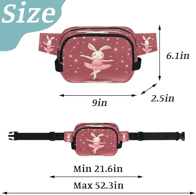 Rabbit Ballet Waterproof Fanny Pack for Women Men Adjustable Waist Bag with Double Zipper Pockets Lightweight Square Hip Pack for Running Travel Hiking Workout Cycling