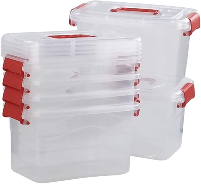 5 L Plastic Storage Bin with Lid Clear Transparent Box With Red Handles Set of 6