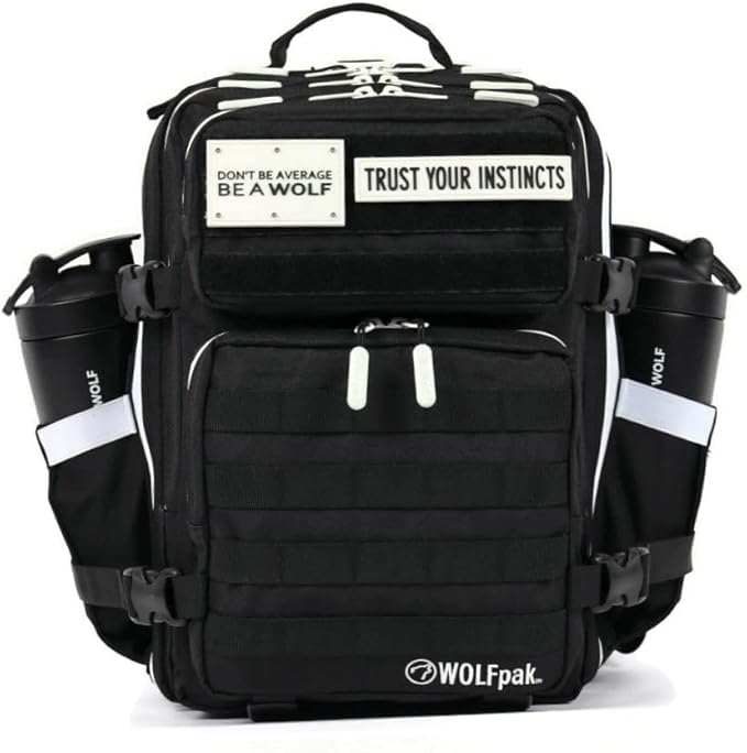 WOLFpak 25L Athletic Gym Backpack (Alpha Black w/White Accents) Durable 1000D Waterproof Oxford Material with MOLLE Webbing Laptop Pocket &amp Dual Cup Holders