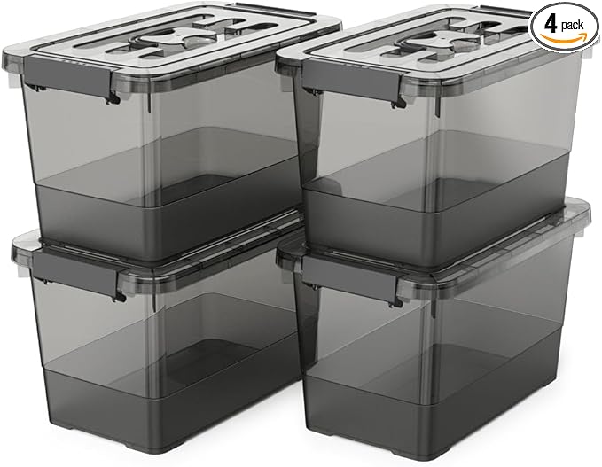 4 Pack 7 Quart Clear Black Storage Bins with Latching Lids Stackable Plastic Storage Containers for Closet Pantry &amp Garage Organization