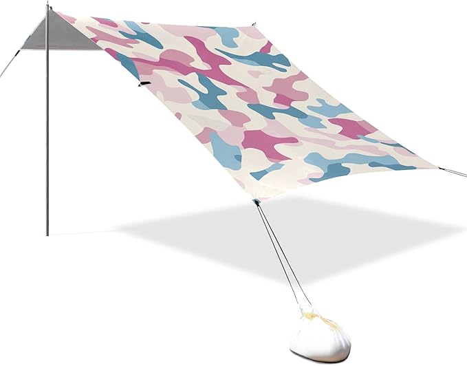 Powder Blue Foldable Beach Canopy UPF50 Lightweight Portable Sun Shelter with Sturdy Poles Sandbags and Shovel for Family Trips Picnics &amp Camping