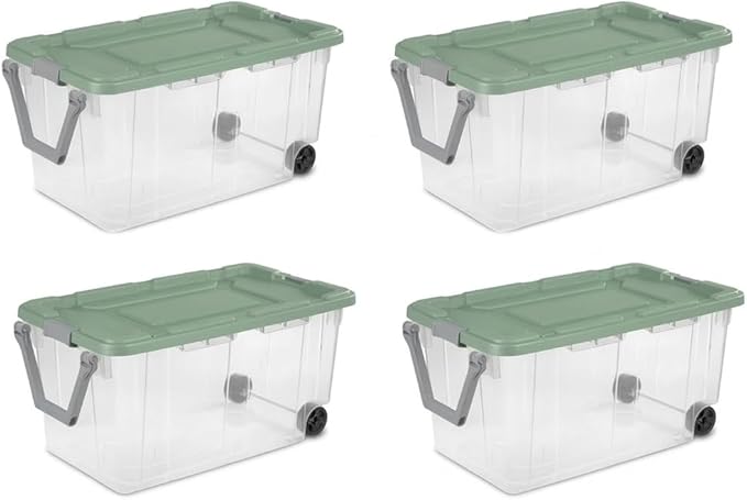 4-Pack Industrial Tote Heavy-Duty Clear Storage Bins w/Sage Green Lids and Wheels 40 Gallon - Stackable Organizing Containers for Home Garage Office and Basement