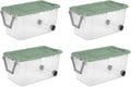 4-Pack Industrial Tote Heavy-Duty Clear Storage Bins w/Sage Green Lids and Wheels 40 Gallon - Stackable Organizing Containers for Home Garage Office and Basement