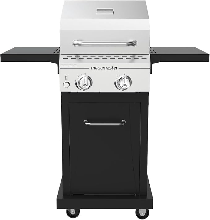 Megamaster Deluxe 2-Burner Gas Grill with Foldable Side Tables 418 SQ In Cooking Space 28000 BTUs Stainless Steel Lid Propane BBQ Grill for Outdoor Cooking Patios Backyards and More - 720-0864MA