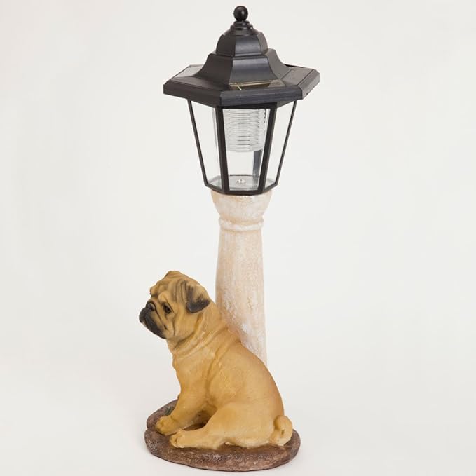 Bits and Pieces - Solar Dog Lantern-Solar Powered Garden Lantern - Resin Dog Sculpture with LED Light (Fawn Pug) - 13.5 Tall