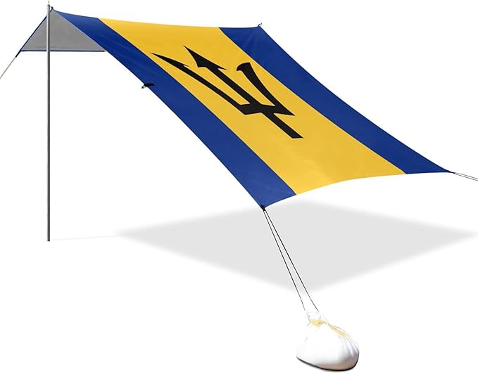 Flag Barbados Foldable Beach Tent UPF50 Water-Resistant Portable Sun Shelter with Sand Shovel for Backyard and Camping