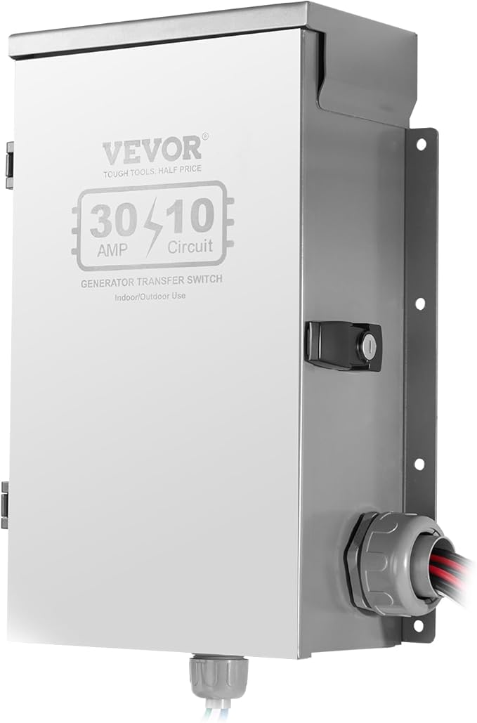VEVOR Manual Transfer 30-Amp 10-Circuit Prewired Generator Transfer Kit with NEMA L14-30P Power Inlet Box Double-Throw NEMA 3R Mechanical Watt Meter for 7500W Generators