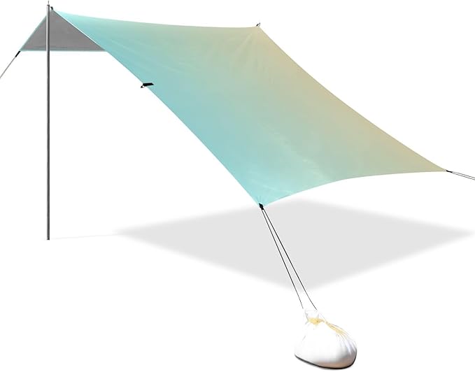 Blue Yellow Gradient Foldable Beach Cabana UPF50+ Protection Easy Setup Large Sun Shelter with Sandbags Sand Shovel Poles for Family Trips Picnics &amp Camping