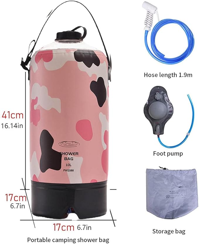 Portable Camping Shower Outdoor Solar Camp Shower Bag 10L/2.64 Gallons with Pressure Foot Pump and Shower Hose for Beach Camping Hiking Cycling Backpacking
