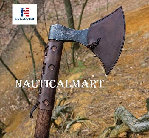 Nautical-Mart STEINN Viking Axe Forged Handmade Steel Iron Wooden Shaft Case Leather Ragnar Rollo Vikings Historical Cosplay LARP Medieval Fantasy Hatchet