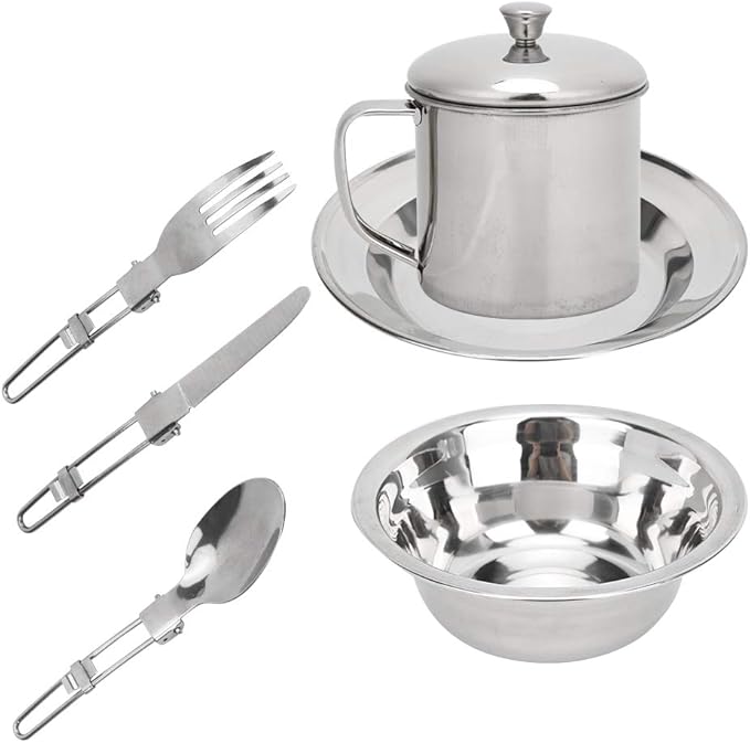 Stainless Steel Camping Dinnerware SetInclude Plate Bowl Cup Fork Spoon KnifePortable Single Person Cookware for Camping Picnic Hiking