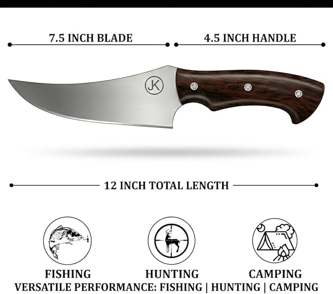 Handmade Premium Hunting Knife 12” Overall-7.5” High Carbon Steel FixBlade-4.5” Rosewood Handle Grip-With Leather Sheath-Multi Purpose Slicing Meat&ampvegetablesCampingSkinningHunting.M98HN