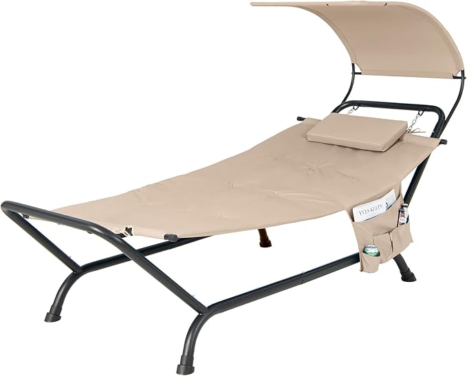 Giantex Hanging Hammock with Stand Patio Hanging Chaise Lounge Chair w/Canopy Cushion Pillow &amp Storage Bag Heavy Duty Swing Hammock Bed for Garden Lawn Backyard Patio Poolside Porch (Beige)