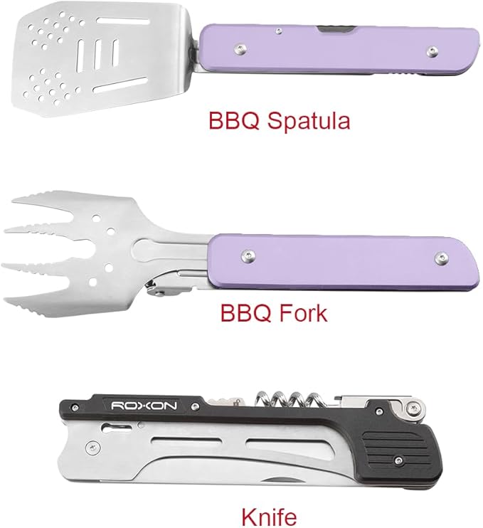 ROXON S601 14 6 in 1 MBT3 Folding Grill Utensils Set Fork Spatula Grilling Knife Tongs Opener for Backyard Barbecue and Camping (Purple)