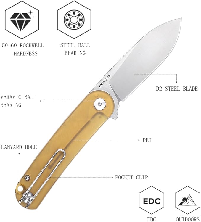 Small EDC Folding Pocket Knife for Man or Woman - 2.59 D2 Steel Satin BladeMini Ultem Handle with ClipClassic Design for Outdoor Camping Hiking &amp Everyday Carry. Han309-JUS
