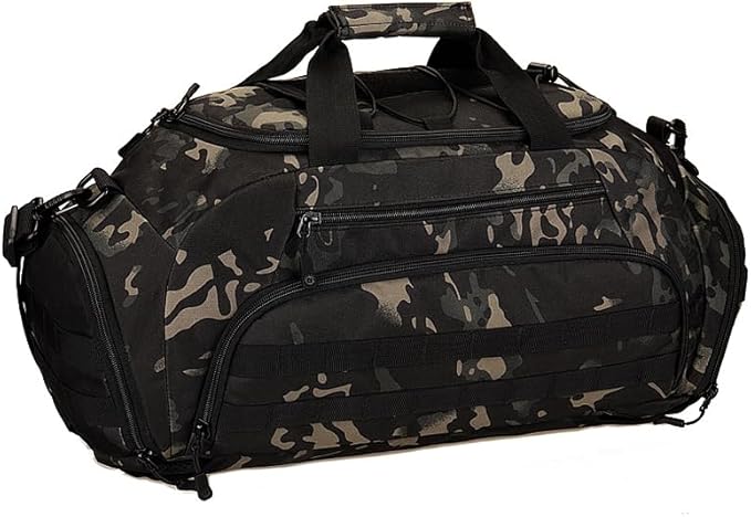 UNISTRENGH 3-Ways Tactical Military Nylon Men Holdall Weekend Travel Duffel Bag Backpack Messenger Shoulder Bags Rucksack Handbag (Black camo-45L)