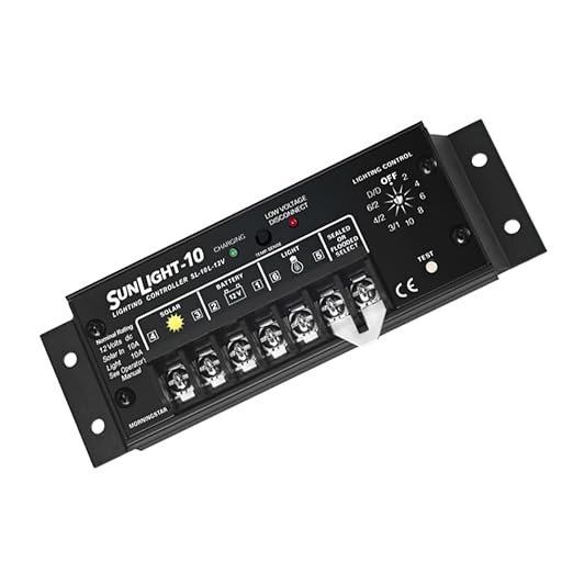 Morningstar Sunlight 10A Solar Charge Controller (SL-10L-12V) - Solar Panel Regulator for 12 Volt Batteries Lighting Ctrl Easy Setup Corrosion Resistant Terminals 5 Year WTY - Designed in The USA