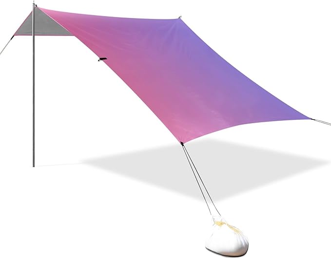 Blue Red Gradient Beach Cabana UPF50 Waterproof Sun Shelter with Sand Shovel Sandbags for Backyard and Camping