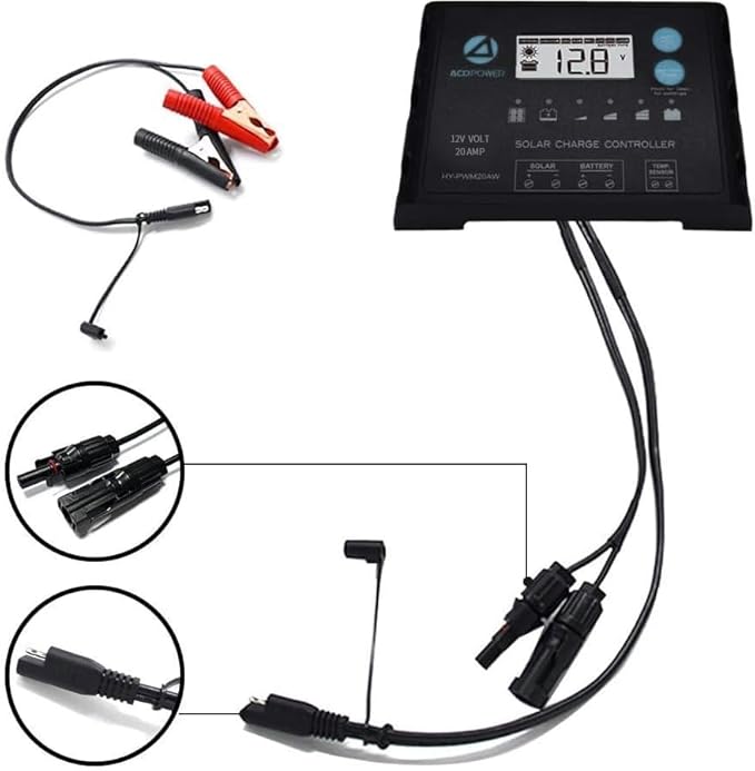 ACOPOWER ProteusX 20A 12V Waterproof Charge Controller with Alligator Clips and Solar Connectors