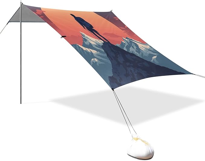 ALAZA Man Mountain Sunset Travel Beach Tent Sun Shelter UPF50+ Protection Beach Shade Canopy w/ 4 Sandbags for Outdoor Camping Fishing Backyard Fun Picnic 10x9 ft