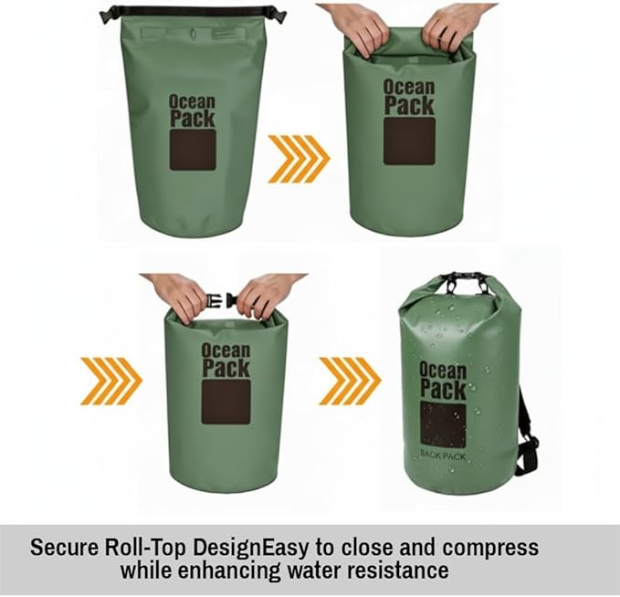 Waterproof Dry Bag Set of 3 (2L 5L 10L) – Roll Top PVC Dry Bags Waterproof for Kayaking Camping Beach &amp Travel – Floating Compression Dry Sack Backpack for Outdoor Gear (Military Green)