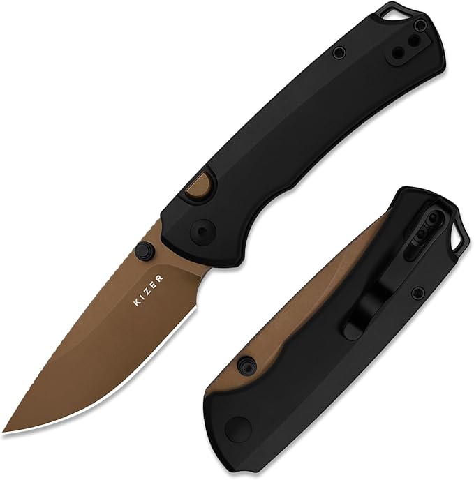 Kizer T1 BD EDC Pocket Knife 3.2Elmax Steel Drop Point Folding Knives with Titanium Handle Sunset Gold PVD&ampStonewashed Finish Thumb Stud Opener Button Liner Lock for Camping Hiking Ki3490.2B