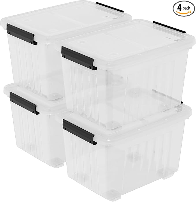 30 L Stackable Storage Bins with Lids Clear Plastic Storage Containers Stackable Organization Boxes with Secure Latching Lids/Wheels Set of 4