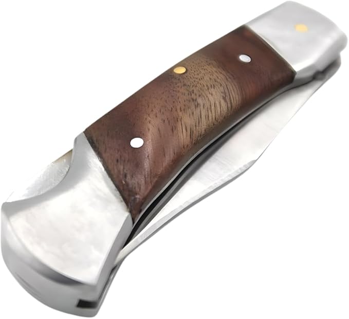 7 Handmade Folding Pocket Knife – 3 440 Stainless Steel Clip Point Blade – Silver Bolster – Genuine Leather Sheath Included (Wood)