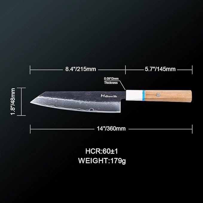 Meteorite Kiritsuke Japanese Multi-Task Knife For Slicing &amp Dicing Prep Hand-Hammered Midnight Damascus Convex Grind Edge Olive Wood Handle – Pro Gift IceRaven 8 Inch